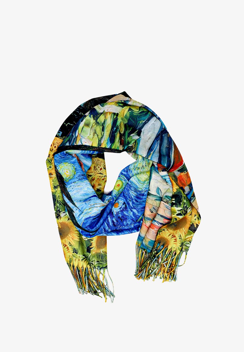 Foulard di seta multicolore con stampe artistiche, inclusi vortici blu e vivaci motivi floreali, con bordi frangiati.