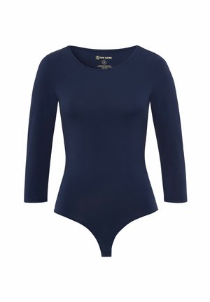 Bodysuit de manga larga de color azul marino con escote redondeado, fabricado en tela suave, con parte trasera tipo tanga y silueta ajustada.