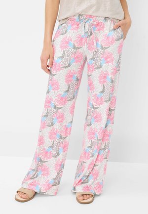 Leichte, gemusterte Hose mit floralen Motiven in Pink, Blau und Grau auf einem weißen Hintergrund. Mit elastischem Bund und Taschen.