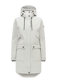 Parka grigio chiaro fino al ginocchio con cappuccio, coulisse nere, tasche con pattina e bottoni e cerniera frontale coperta da una patta con bottoni.