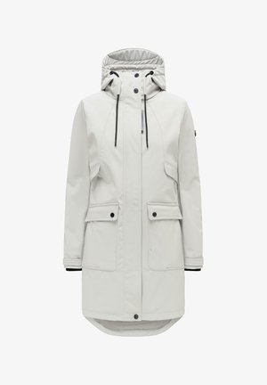 Light gray knee-length parka with hood, black drawstrings, flap pockets with buttons, and front zipper covered by a buttoned placket.