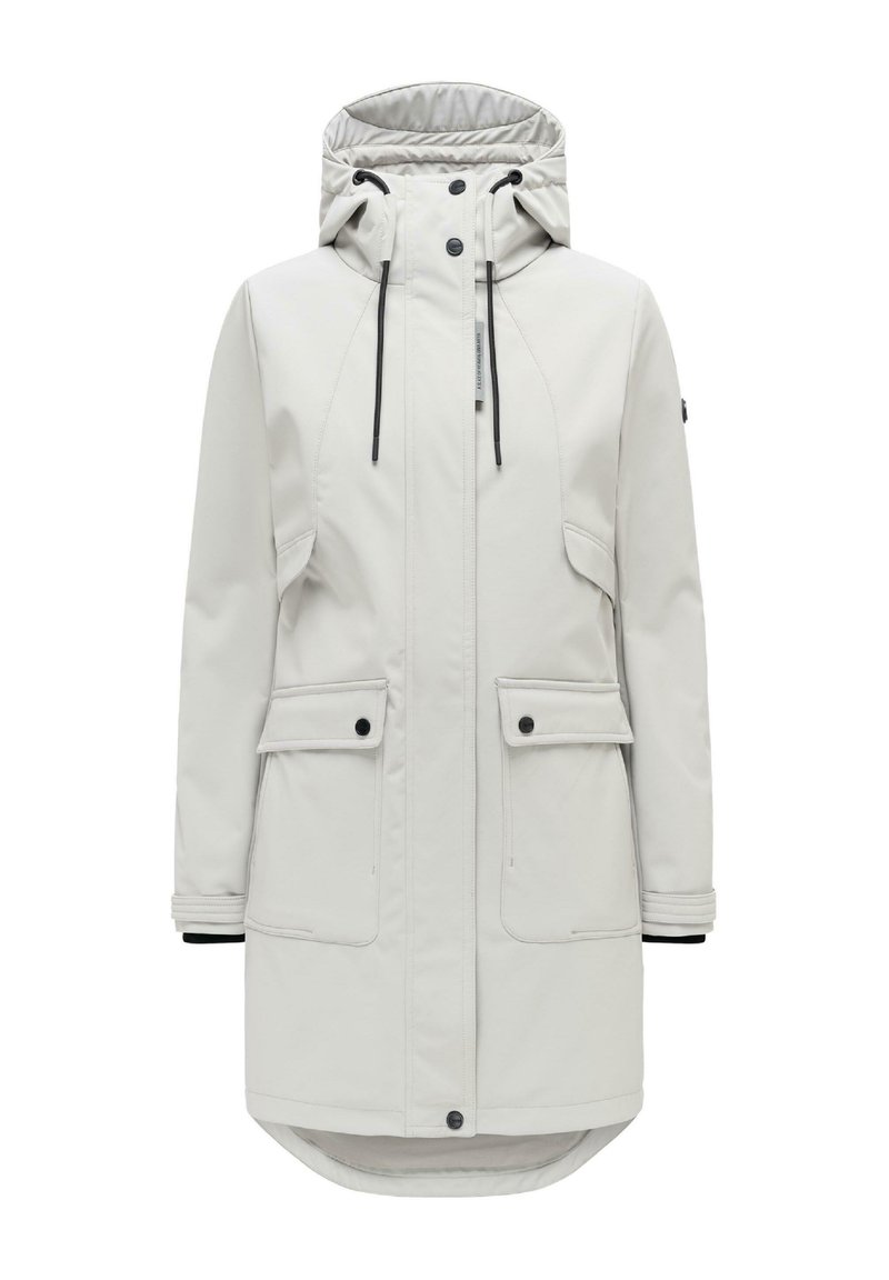 Parka grigio chiaro fino al ginocchio con cappuccio, coulisse nere, tasche con pattina e bottoni e cerniera frontale coperta da una patta con bottoni.