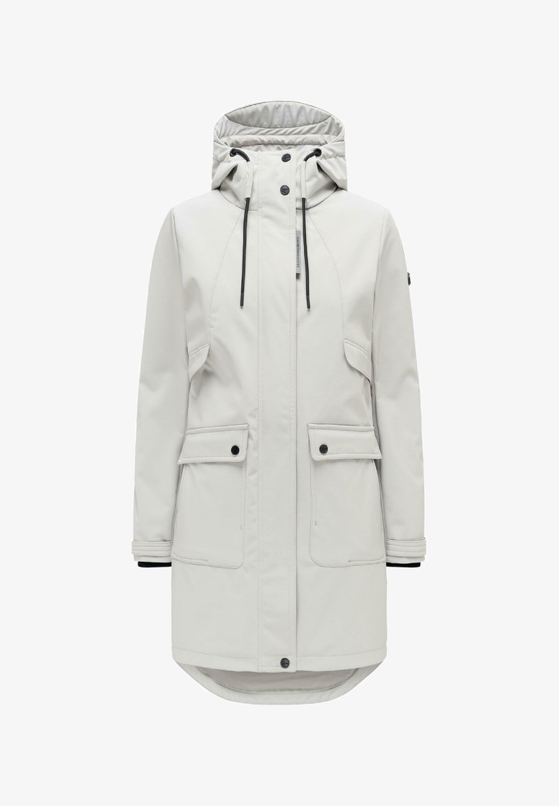 Parka grigio chiaro fino al ginocchio con cappuccio, coulisse nere, tasche con pattina e bottoni e cerniera frontale coperta da una patta con bottoni.