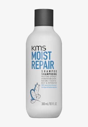Flacon blanc de shampooing KMS Moist Repair avec bouchon noir et petite illustration bleue et noire de figue de Barbarie, volume 300 ml.