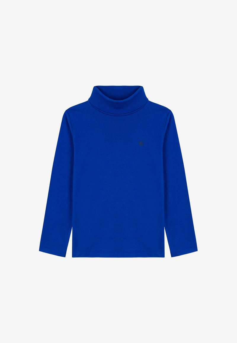 Blauer Rollkragenpullover mit langen Ärmeln aus weichem Stoff. Verfügt über einen umgeschlagenen Kragen und ein kleines, dezentes Logo auf der Brust.