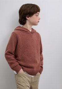 Maglione con cappuccio color ruggine realizzato in tessuto di maglia testurizzata, con polsini e orlo a coste, abbinato a pantaloni beige chiaro. Design semplice.