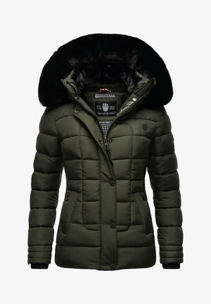 Alyvuogių spalvos pūkuota striukė su dygsniuota medžiaga, dirbtiniu kailiu išklota kapuce, užtrauktuku ir mygtukais užsegama, dviem šoninėm kišenėm ir raukšlių rankovėm.