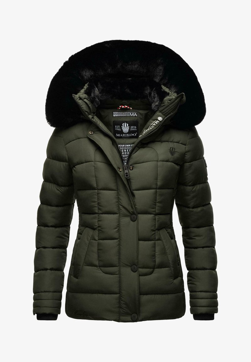 Olivo vihreä tilkkupintainen puff jacket, jossa on tekoturkista vuorattu huppu, vetoketju- ja nappisulku, kaksi sivutaskua ja ribbaatut hihansuut.