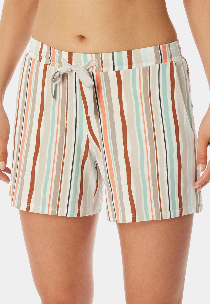Pruhované šortky s střídajícími se barvami máty, hnědé, broskvové a bílé, s elastickým pasem a předními tkaničkami.