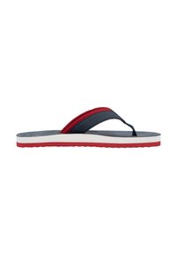 Tongs avec une combinaison de couleurs bleu marine et rouge, semelle en caoutchouc, et une conception de bride texturée pour l'adhérence et le confort.