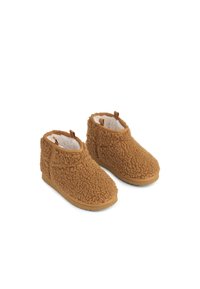 Καφέ φλις μπότες με απαλή, υφασμάτινη επιφάνεια, κρεμ επένδυση και καουτσούκ σόλες. Διαθέτουν πίσω λαβές για εύκολη φόρμα.