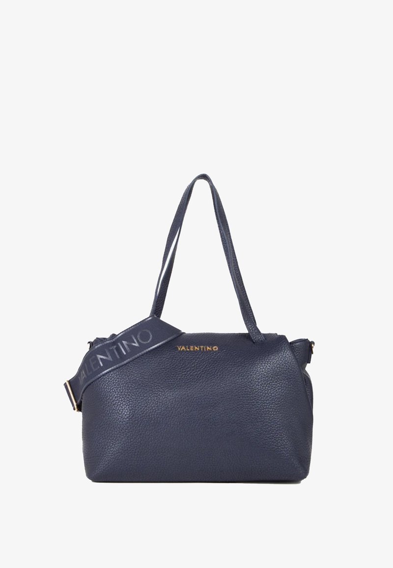 Borsa a mano in pelle blu navy con finitura texturizzata, doppi manici e tracolla rimovibile con la scritta "VALENTINO" in lettering dorato.