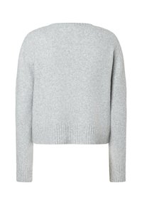 Hellgrauer Cropped-Pullover aus weichem Strickmaterial mit Rundhalsausschnitt und geripptem Saum. Lange Ärmel mit entspanntem Schnitt.