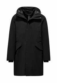 Cappotto nero con cappuccio imbottito, bottoni a pressione, due grandi tasche frontali e una superficie esterna liscia. Design semplice con minimi dettagli.