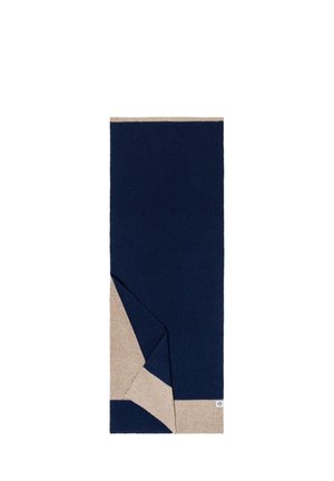 Rectangular navy blue scarf with beige edges, folded at one corner to reveal the reverse side’s beige color.