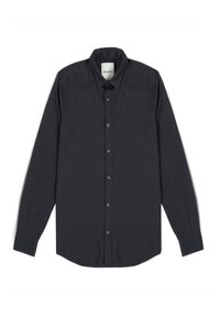 Camicia a maniche lunghe di colore grigio scuro, con un motivo testurizzato e chiusura a bottoni, dotata di collo classico e polsini con bottoni.