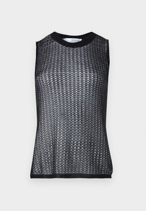 Melns bezpiedurkņu tops ar teksturētu, austu rakstu, ar apaļu kakla izgriezumu un kontrastējošu ribotas apakšmalu un roku caurumiem.