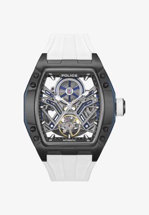 Orologio scheletro nero e argento con un design geometrico, accenti blu, cinturino in silicone bianco e dettagli del movimento esposti.