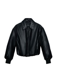 Giacca bomber cropped in ecopelle nera con zip frontale completa, ampio colletto e polsini e orlo a coste.