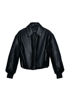 Giacca bomber cropped in ecopelle nera con zip frontale completa, ampio colletto e polsini e orlo a coste.