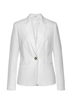 Weißer Damenblazer mit langen Ärmeln, Revers mit Kerbe, zwei vorderen Taschen und einem einzelnen Knopfverschluss an der Taille.