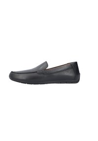 Schwarze Leder-Slipper mit runder Spitze, glatter Textur und dezenten Nähten. Flexibler Gummisohle für Komfort.