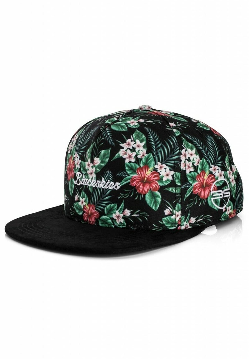 Fekete snapback sapka élénk virágmintával, rózsaszín hibiszkusz és zöld levelek díszítik, bőr hatású napellenzővel és hímzett logóval.