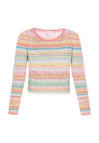 Pulover tricotat multicolor cu mâneci lungi, având un guler larg în formă de cerc, cu un model texturat de dungi în roz, albastru și galben.