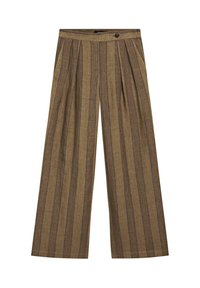 Brune bukser med vide ben og lodrette mørkere striber, plisseringer foran, sidelommer og lukkes med en knap i taljen.