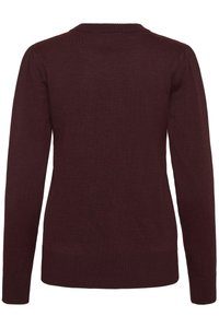 Damski bordowy sweter z długim rękawem z prążkowanymi mankietami, dołem i okrągłym dekoltem, widoczny od tyłu.