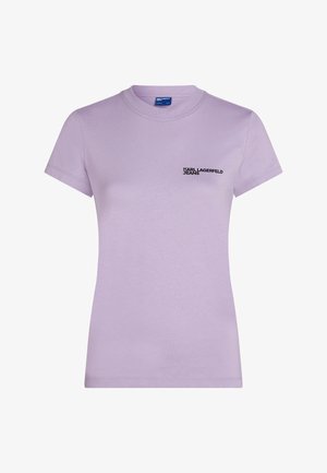 Lilafarbenes T-Shirt aus Baumwolle mit kurzen Ärmeln und Rundhalsausschnitt. Schwarzer Druck "KARL LAGERFELD JEANS" im linken Brustbereich.