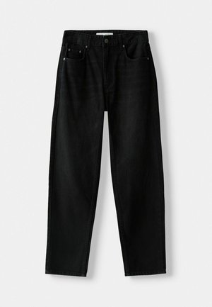 Zwarte denim jeans met een losse pasvorm, voorzien van vijf zakken, een metalen knoopsluiting aan de voorkant en subtiele stiksel details. Duidelijk recht model.