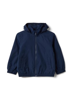 Marineblauwe capuchonjas met ritssluiting aan de voorkant, elastische manchetten en twee zijzakken, ontworpen voor kinderen.