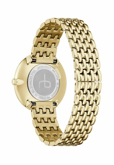 Guldtonet rustfrit stål ur med en rund urskive og leddet armbånd. Har en glat bezel og en sikker lås. Vandtæt op til 3 ATM.