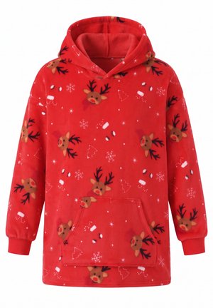 Felpa con cappuccio in pile rossa con facce di renne, fiocchi di neve, alberi di Natale e motivi a bastoncini di zucchero, con tasca frontale e polsini a costine.