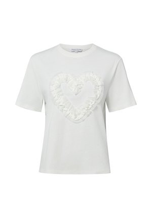 T-shirt bianca a maniche corte con un motivo a cuore arricciato e testurizzato sul davanti e scollo rotondo.