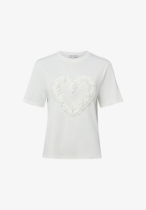 White short-sleeve T-shirt with a textured ruffled heart design on the front and a round neckline.