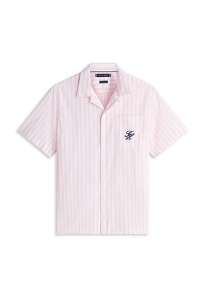 Kurzärmeliges Hemd mit Knöpfen, in hellrosa vertikalen Streifen, mit einer Brusttasche, die ein kleines marineblaues Monogramm zeigt.