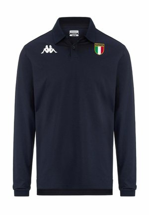 Polo manches longues bleu marine avec écusson drapeau d'Italie sur la poitrine gauche et logos Kappa blancs sur la poitrine droite et les épaules.