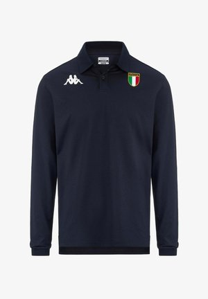 Polo manches longues bleu marine avec écusson drapeau d'Italie sur la poitrine gauche et logos Kappa blancs sur la poitrine droite et les épaules.