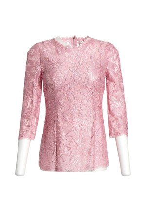 Rosa Spitzenoberteil mit Dreiviertelärmeln, floralem Muster, figurbetontem Schnitt und rundem Halsausschnitt mit Reißverschluss hinten.