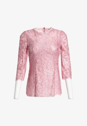 Rosa Spitzenoberteil mit Dreiviertelärmeln, floralem Muster, figurbetontem Schnitt und rundem Halsausschnitt mit Reißverschluss hinten.