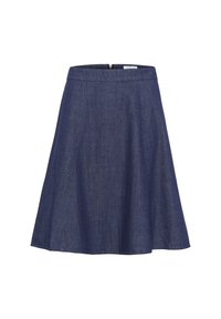 Denim A formas svārki, tumši zili, līdz ceļiem, ar gludu jostu un slēptu rāvējslēdzēju, pārslēgta silueta. Svarīga rakstura tekstūra.