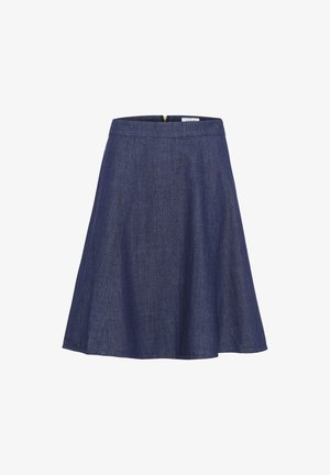 Jeans A-Linien-Rock, dunkelblau, knielang, mit einem glatten Bund und einem verdeckten Reißverschluss sowie einer ausgestellt Silhouette. Subtile Texturdetails.