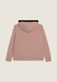 Felpa cappuccio rosa polveroso con maniche lunghe, polsini a coste e una foderatura interna nera nel cappuccio, vista dal retro.