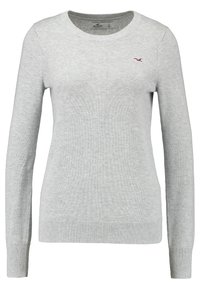 Hellgrauer Pullover aus Strickstoff, mit langen Ärmeln, Rundhalsausschnitt und kleinem Logo in der oberen linken Ecke.