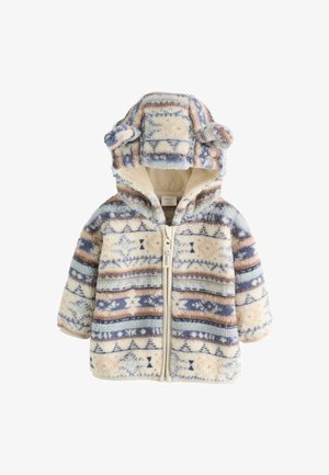 Giacca di pelliccia sintetica in crema, blu e marrone con motivi geometrici, cappuccio con orecchie da orso e chiusura frontale con zip.
