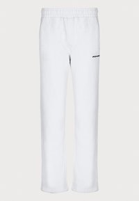 Bílé tepláky s elastickým pasem, dvěma bočními kapsami a černým logem "PEGADOG" na levé straně. Hladká textura, rovný střih nohavic.