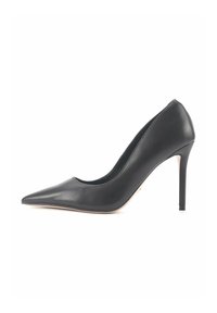 Black leather high-heeled pump with a pointed toe, smooth texture, and a stiletto heel. Sleek design with a low-cut vamp.