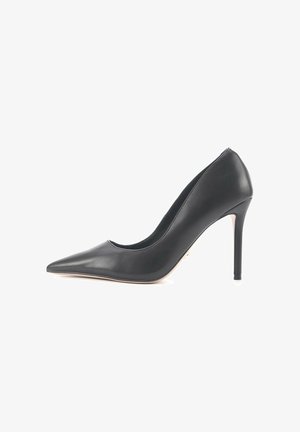 Must musta kõrge kontsaga kingad terava ninaosa, siledast nahast ja stiletto kontsaga. Stiilne disain madala lõikega vamp.